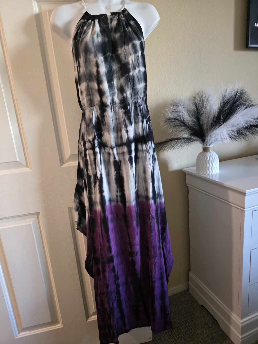 Tie-Dye Halter Maxi Dress in Black, White & Purple